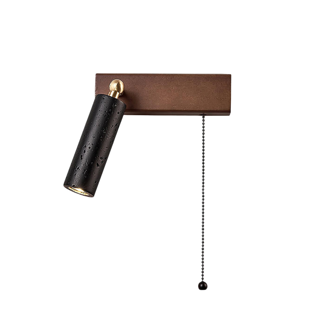 Væglampe i natursten med træbase og træksnor til indendørs brug