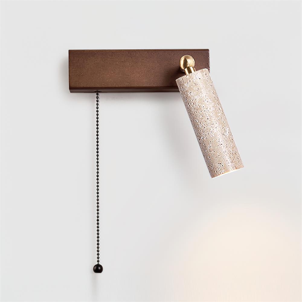 Wall lamp in natural stone with wooden base and pull cord for indoor use
