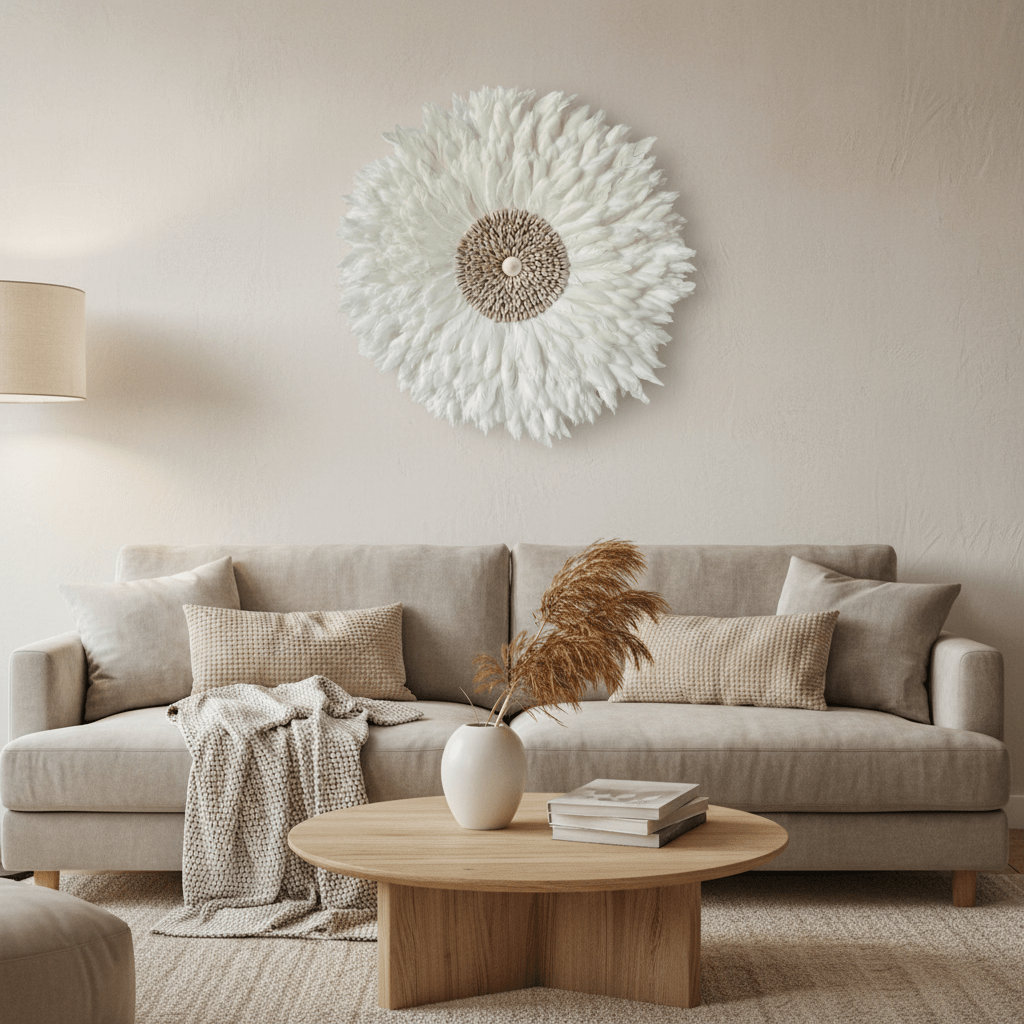 Decorative wall decoration with white feathers