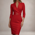 Elegant dress for work and parties – Fitted dress with belt and high collar