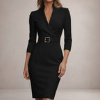 Elegant dress for work and parties – Fitted dress with belt and high collar