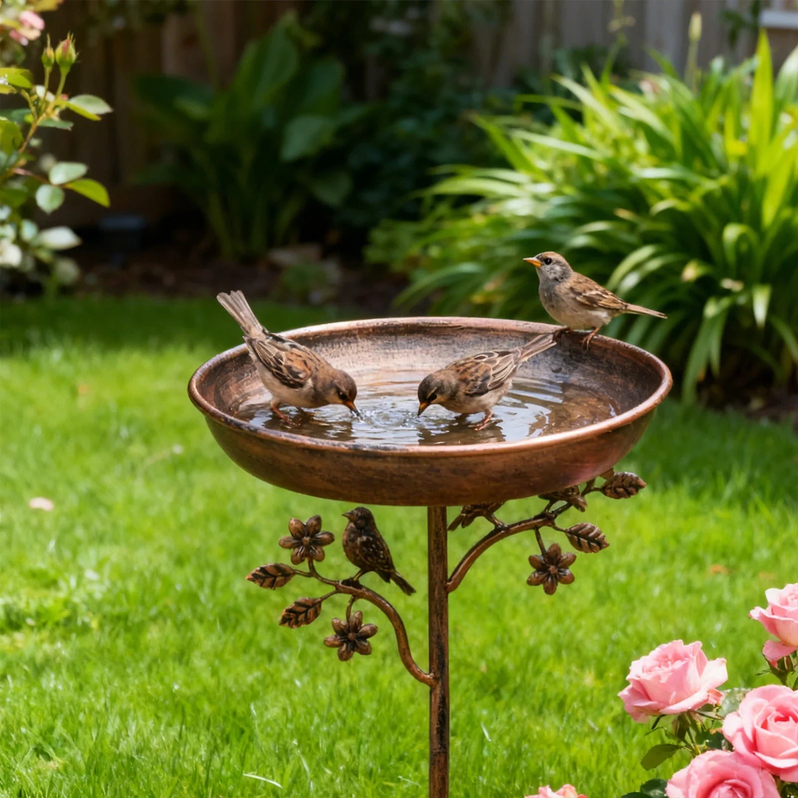 Decorative Bird Bath for Garden Spaces – Bird Bath with Metal Stake and Vintage Copper Finish
