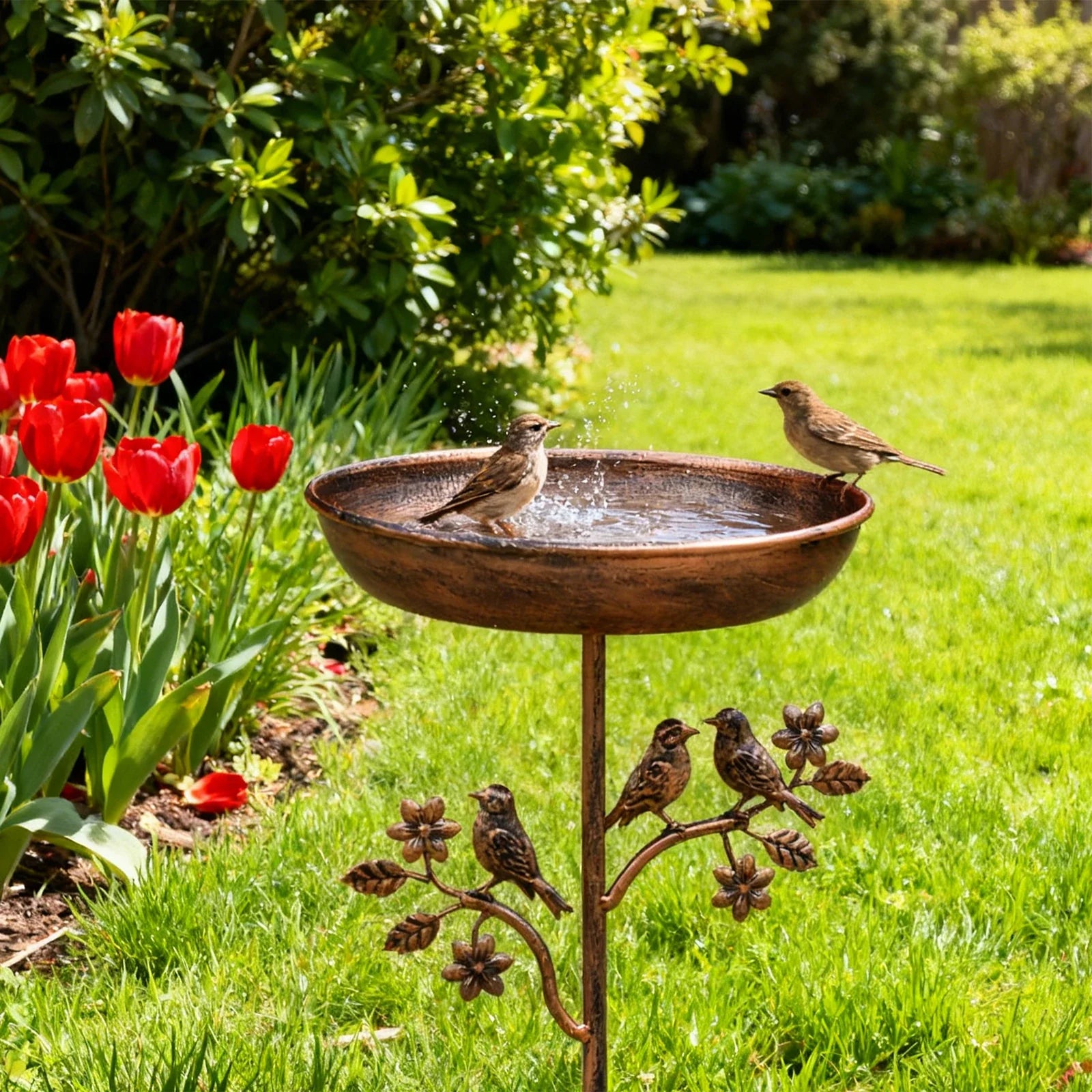 Decorative Bird Bath for Garden Spaces – Bird Bath with Metal Stake and Vintage Copper Finish