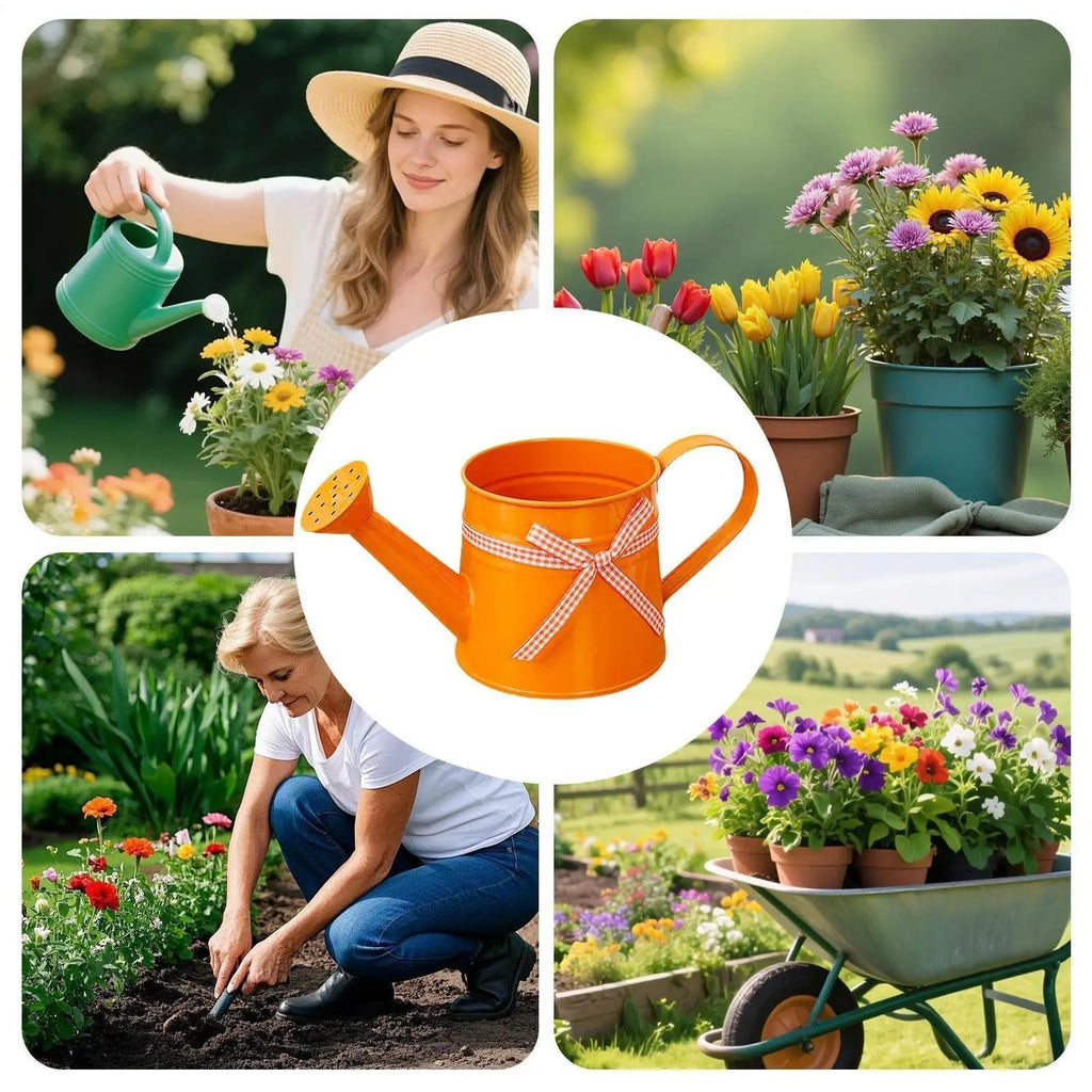 Decorative Garden Accent for Home and Outdoor Spaces – Metal Watering Can with Ribbon Bow