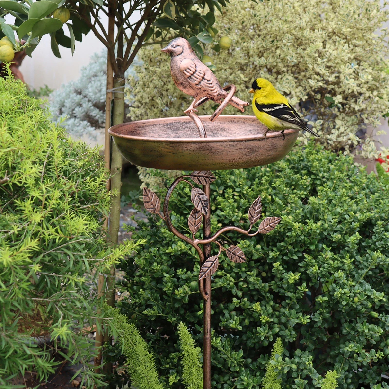 Decorative Bird Bath for Garden Spaces – Bird Bath with Metal Stake and Vintage Copper Finish