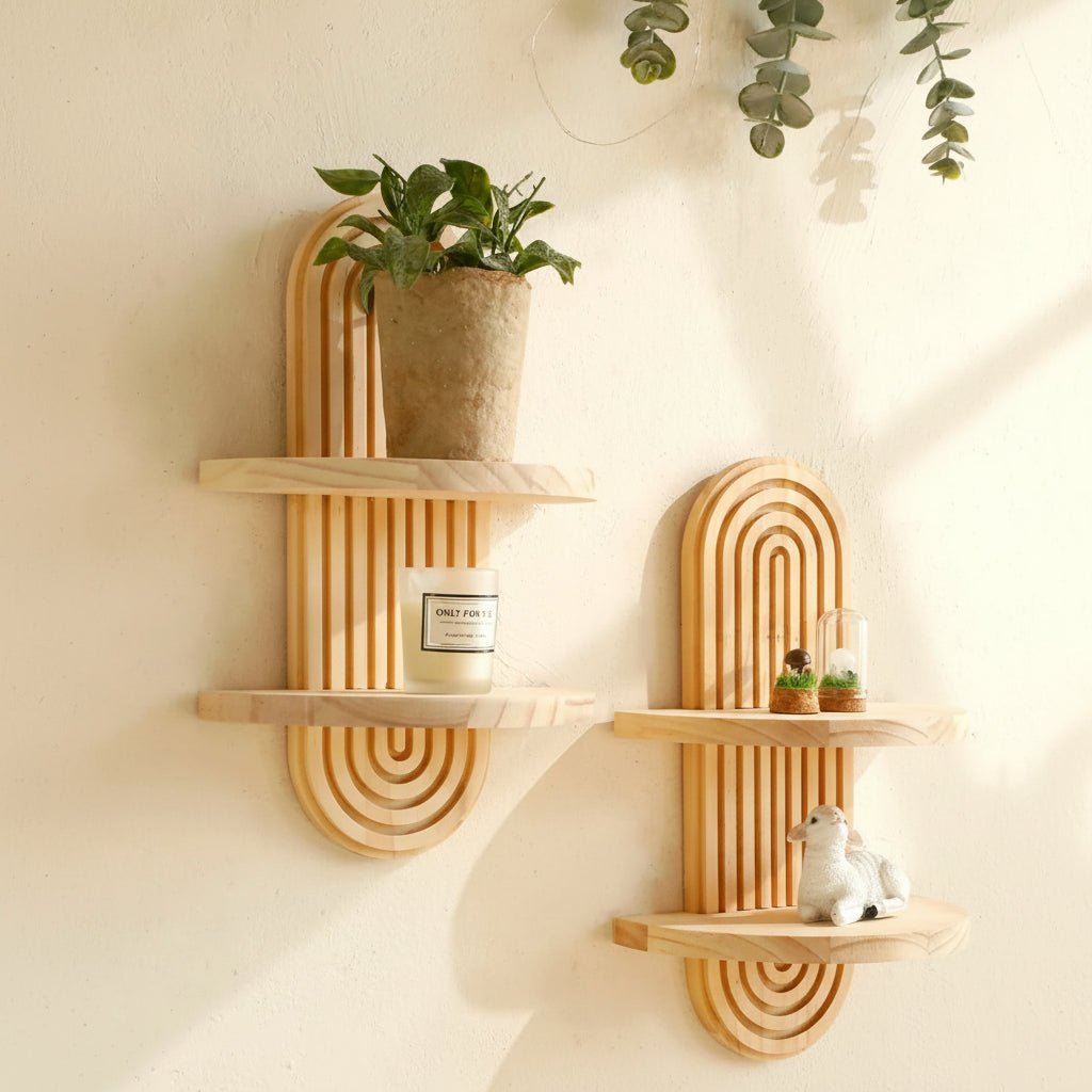 Wooden wall shelves with geometric design
