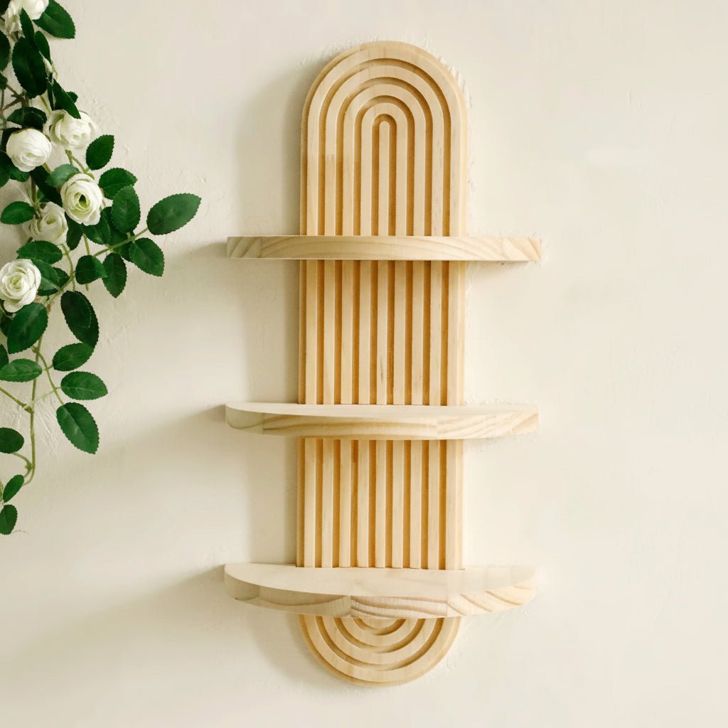 Wooden wall shelves with geometric design