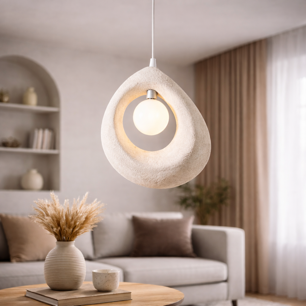 Minimalistisk loftbelysning til stue og spiseområde – Pendellampe i wabi sabi stil