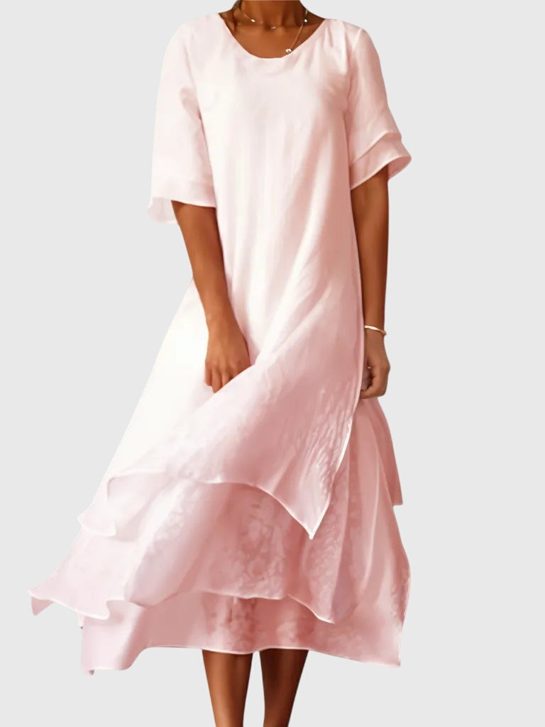 Loose layered dress for summer and vacation – Midi dress with short sleeves for women