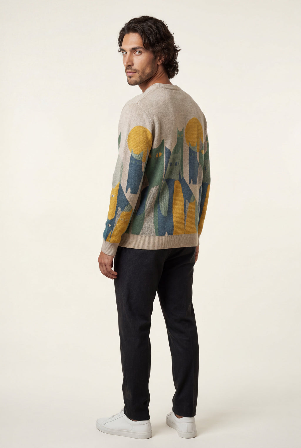 Casual sweater for everyday use – Long-sleeve sweater with cat motif for men