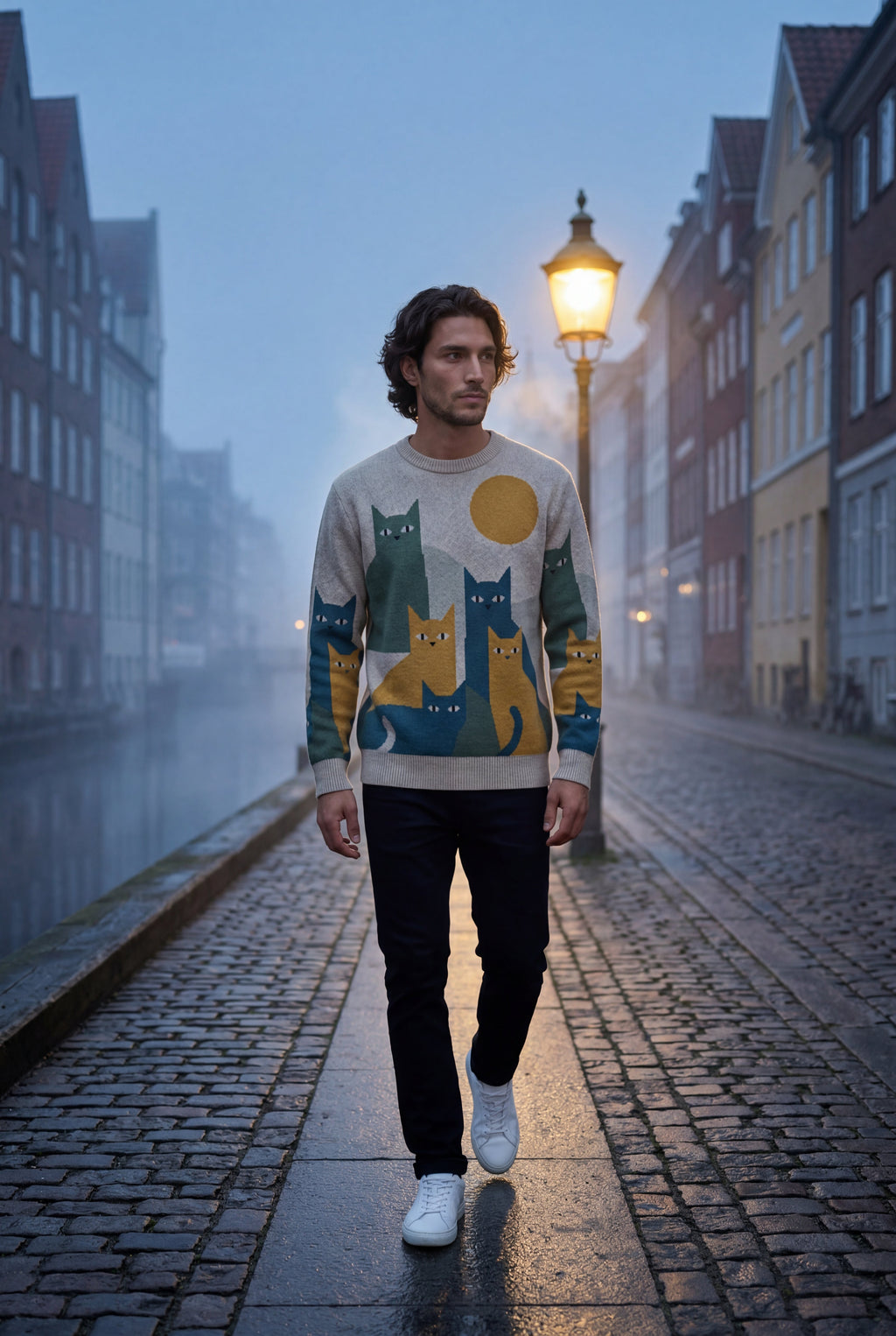 Casual sweater for everyday use – Long-sleeve sweater with cat motif for men