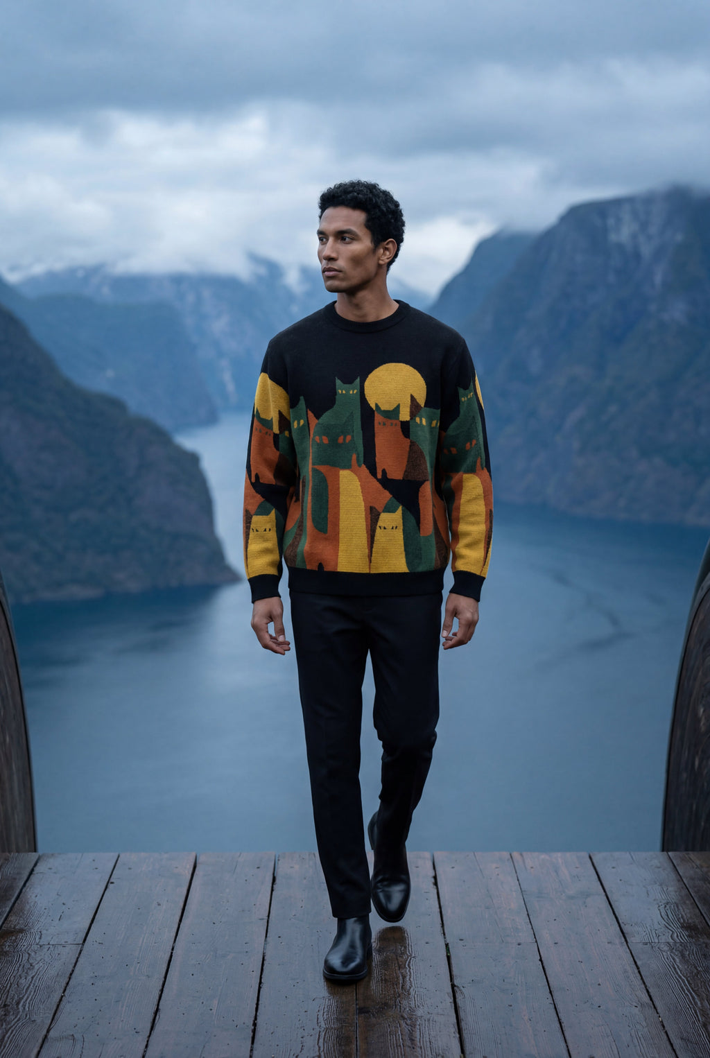 Casual sweater for everyday use – Long-sleeve sweater with cat motif for men