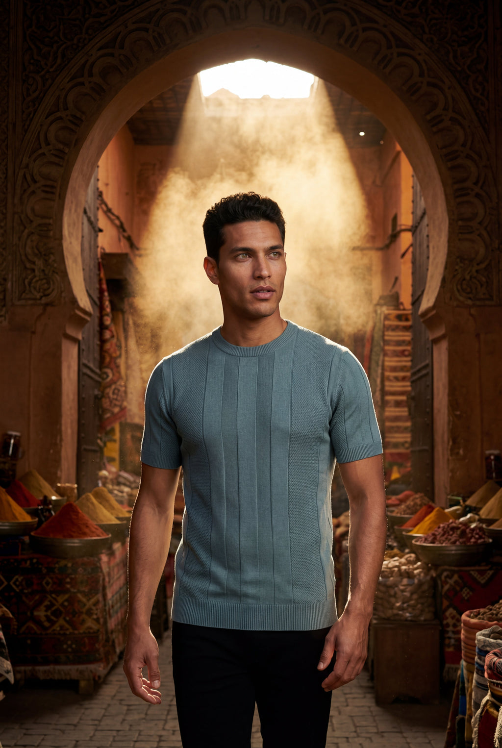Ribbed t-shirt for everyday use – Short-sleeved crew neck shirt for men