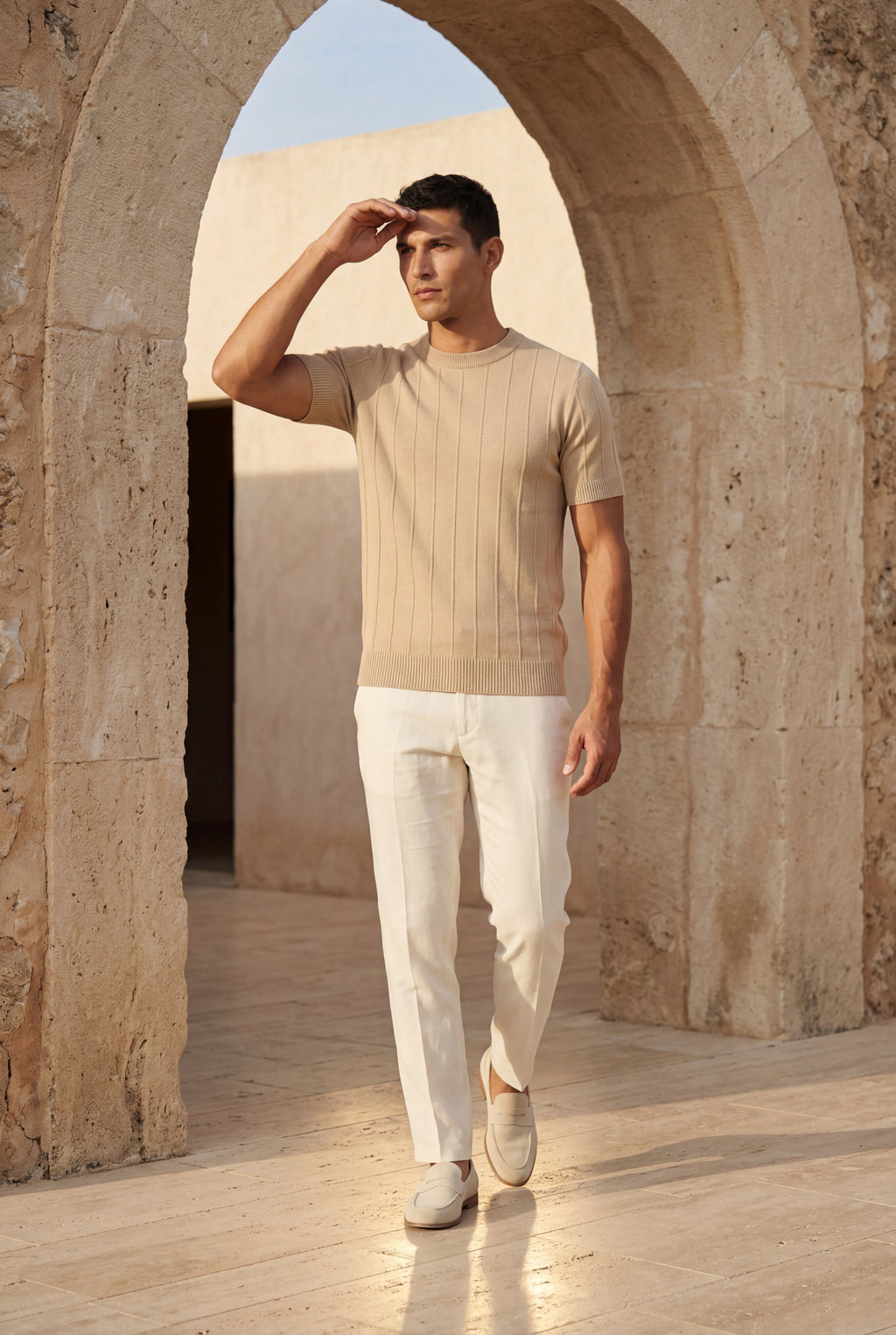 Ribbed t-shirt for everyday use – Short-sleeved crew neck shirt for men