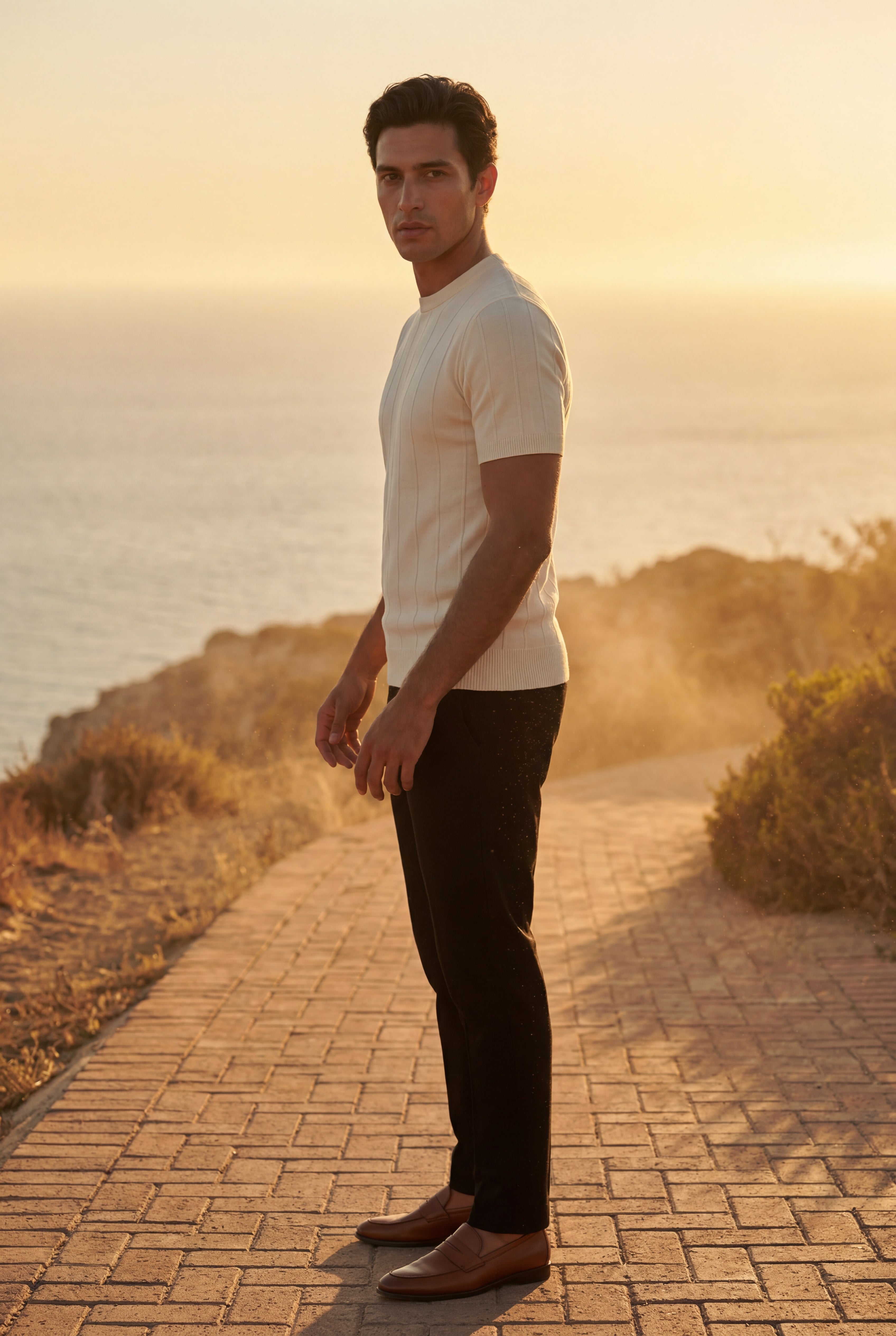 Ribbed t-shirt for everyday use – Short-sleeved crew neck shirt for men