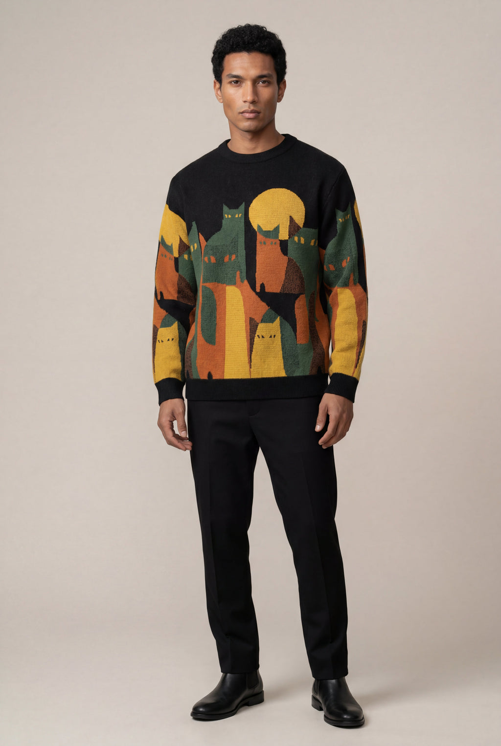 Casual sweater for everyday use – Long-sleeve sweater with cat motif for men