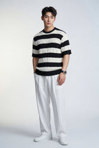 Striped sweater for everyday use – Short-sleeved cable knit sweater for men