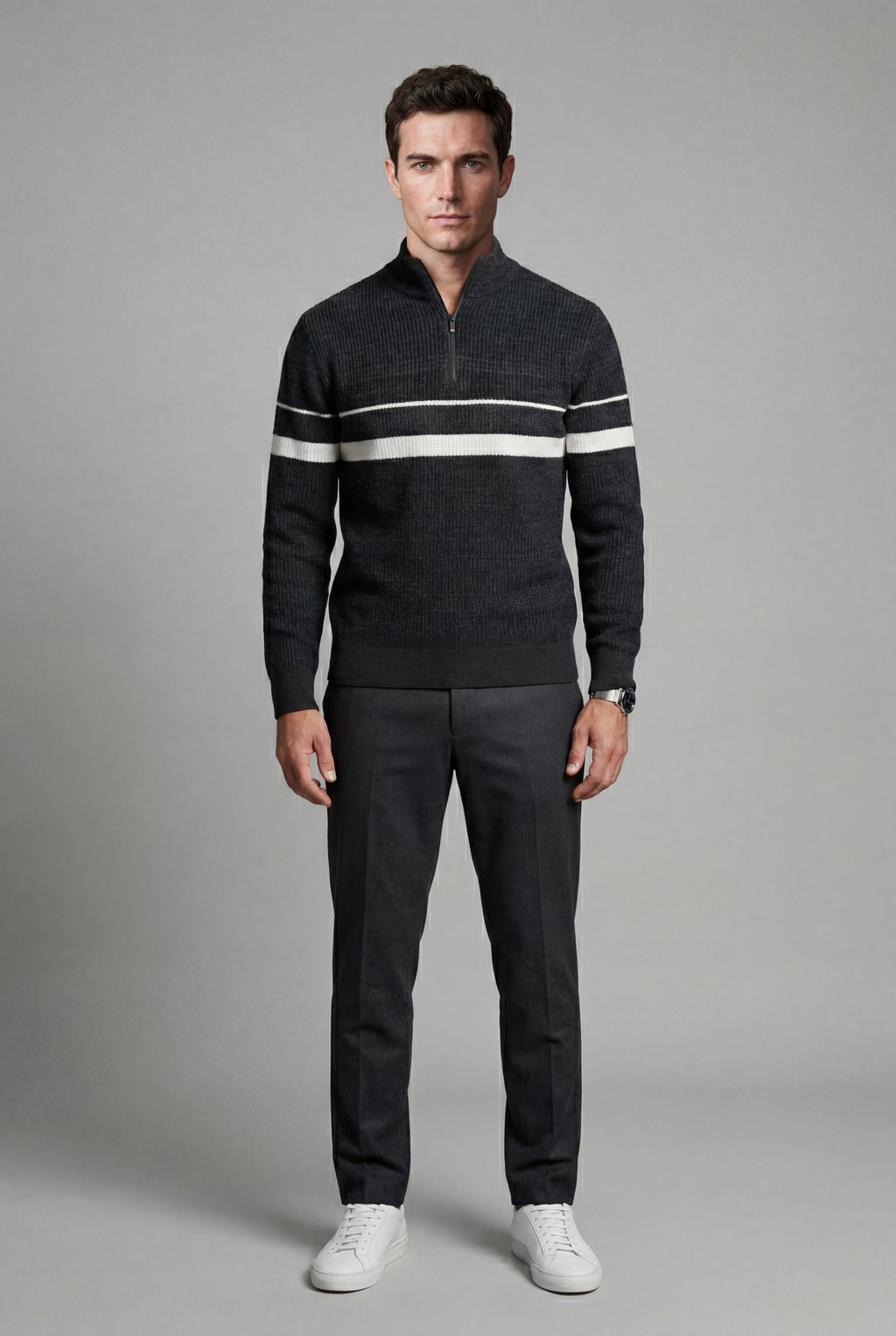 Knitted sweater for cold days – Sweater with half zipper and striped design for men