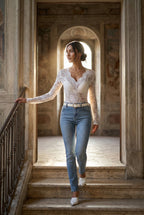Elegant lace top for parties and evenings – Long-sleeved bodysuit for women