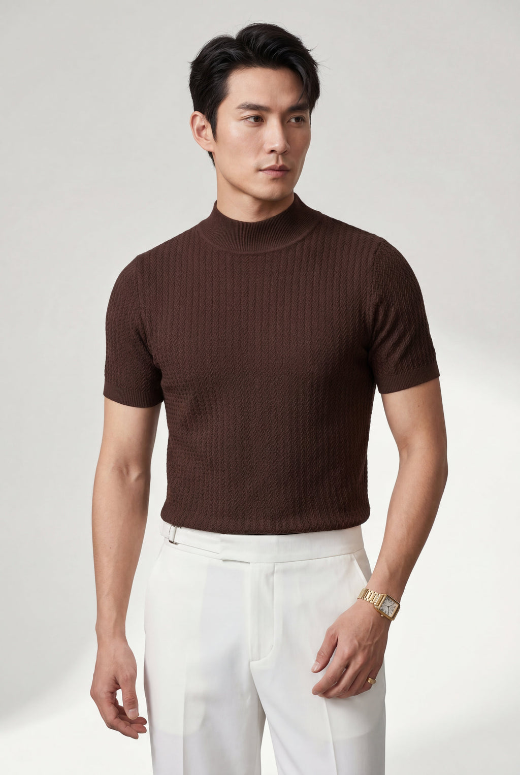 Ribbed sweater for everyday use – Short-sleeve sweater with high neck for men