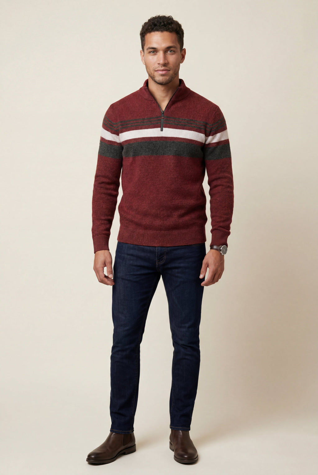 Knitted sweater for cold days – Sweater with half zipper and striped design for men