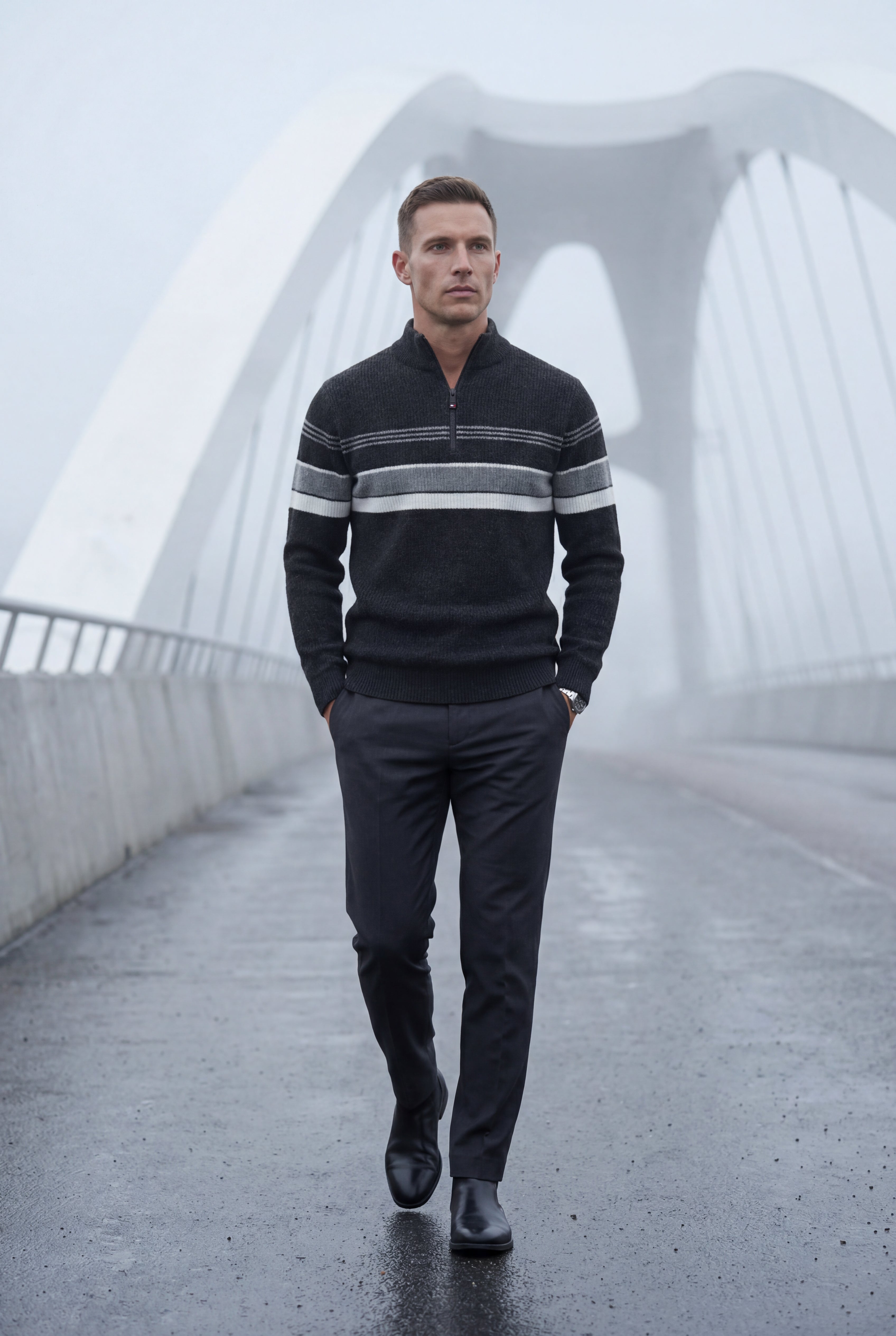 Knitted sweater for cold days – Sweater with half zipper and striped design for men