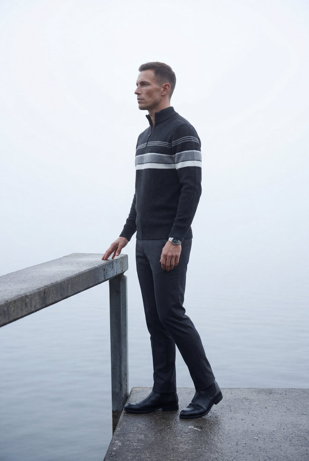 Knitted sweater for cold days – Sweater with half zipper and striped design for men