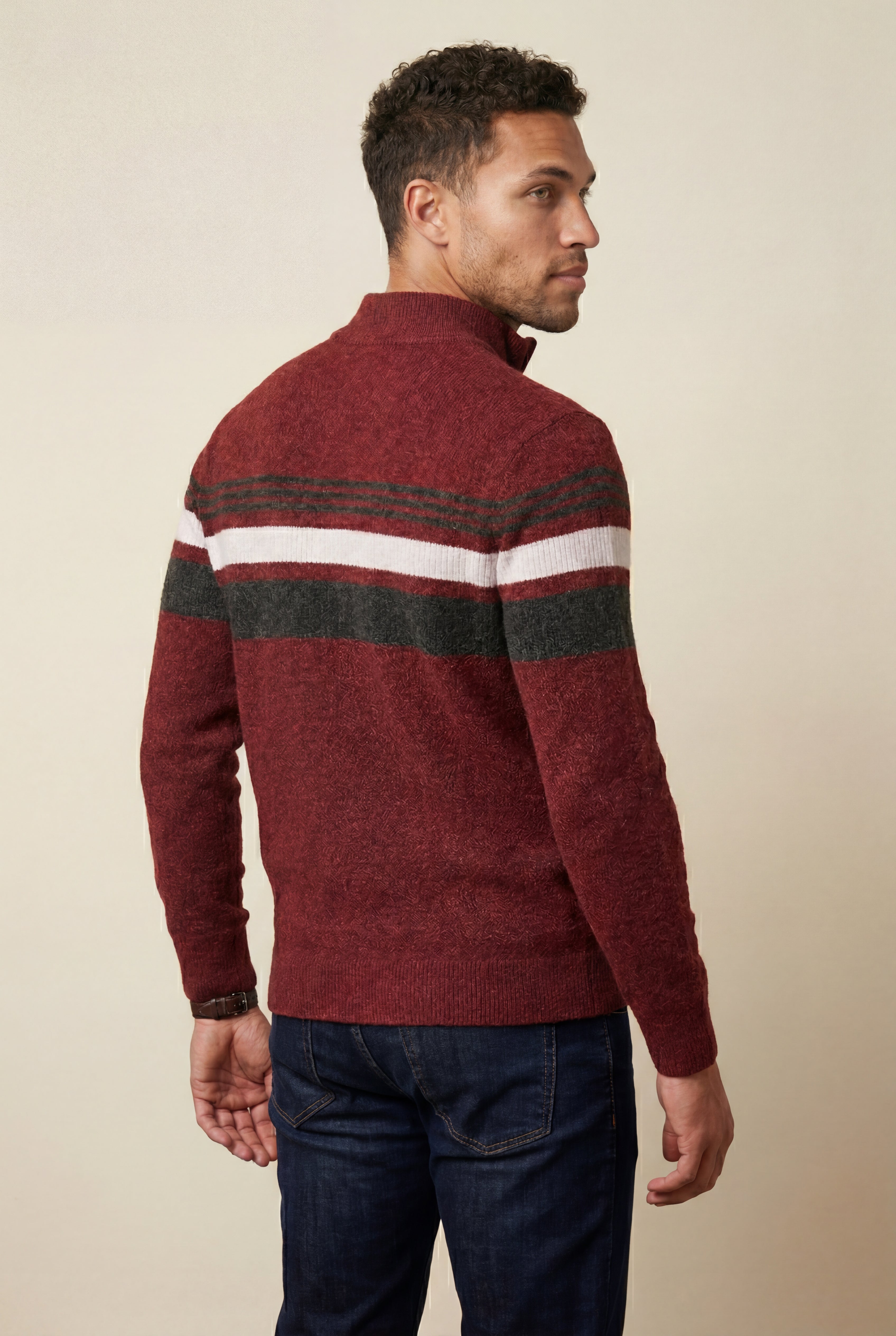 Knitted sweater for cold days – Sweater with half zipper and striped design for men