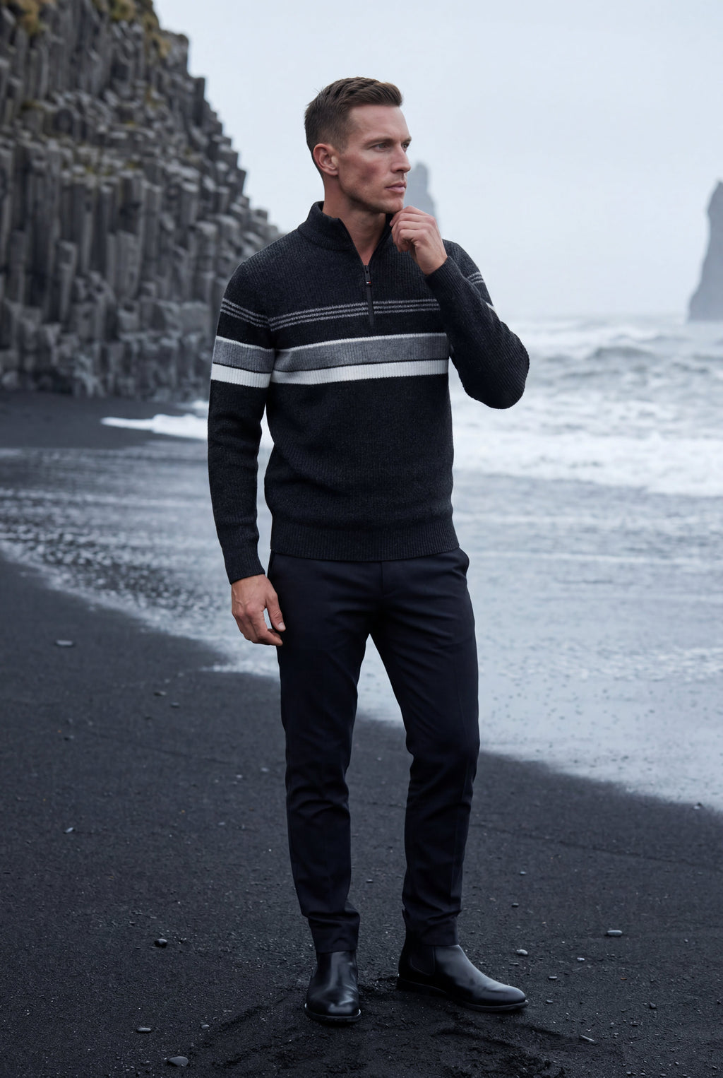 Knitted sweater for cold days – Sweater with half zipper and striped design for men