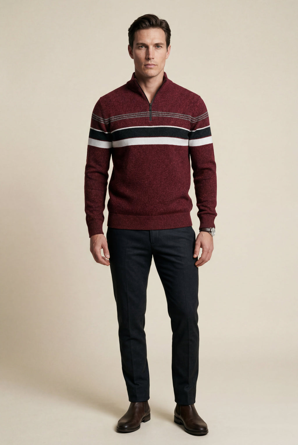 Knitted sweater for cold days – Sweater with half zipper and striped design for men