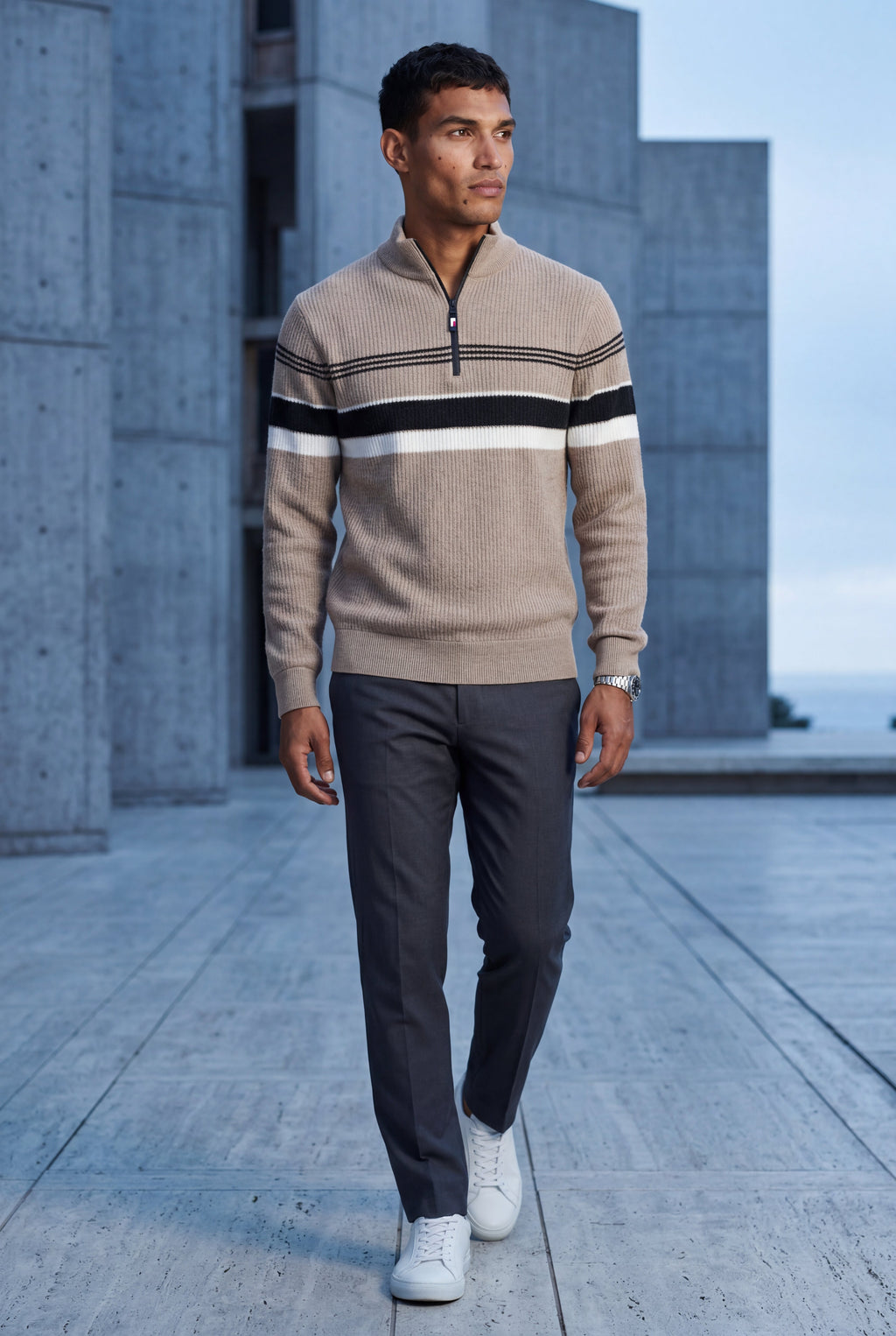 Knitted sweater for cold days – Sweater with half zipper and striped design for men