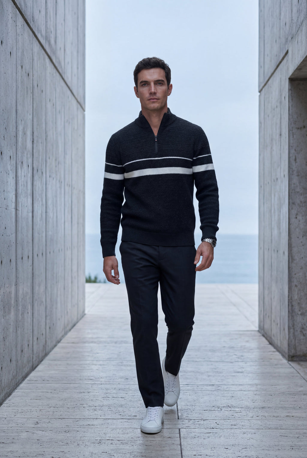 Knitted sweater for cold days – Sweater with half zipper and striped design for men