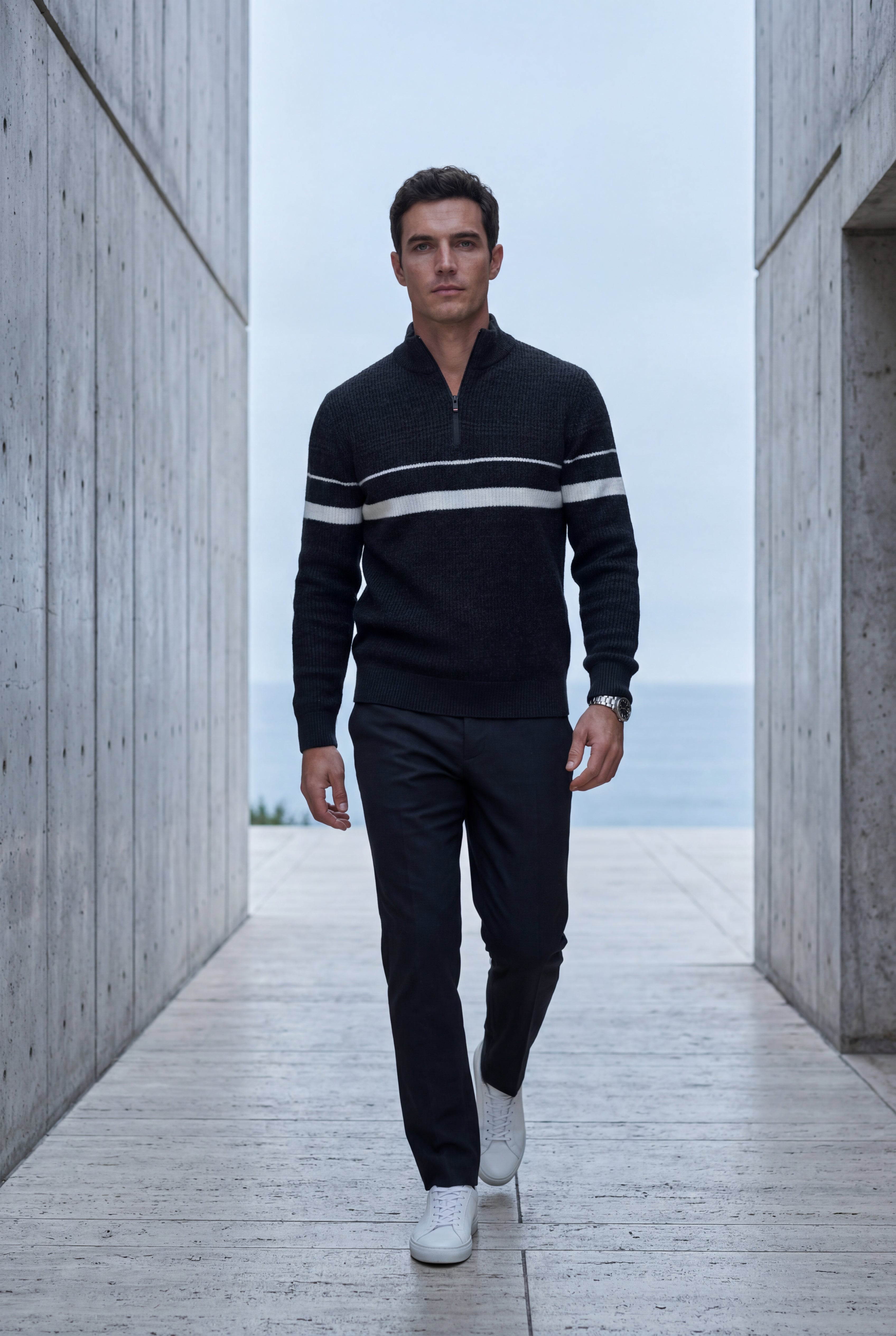 Knitted sweater for cold days – Sweater with half zipper and striped design for men