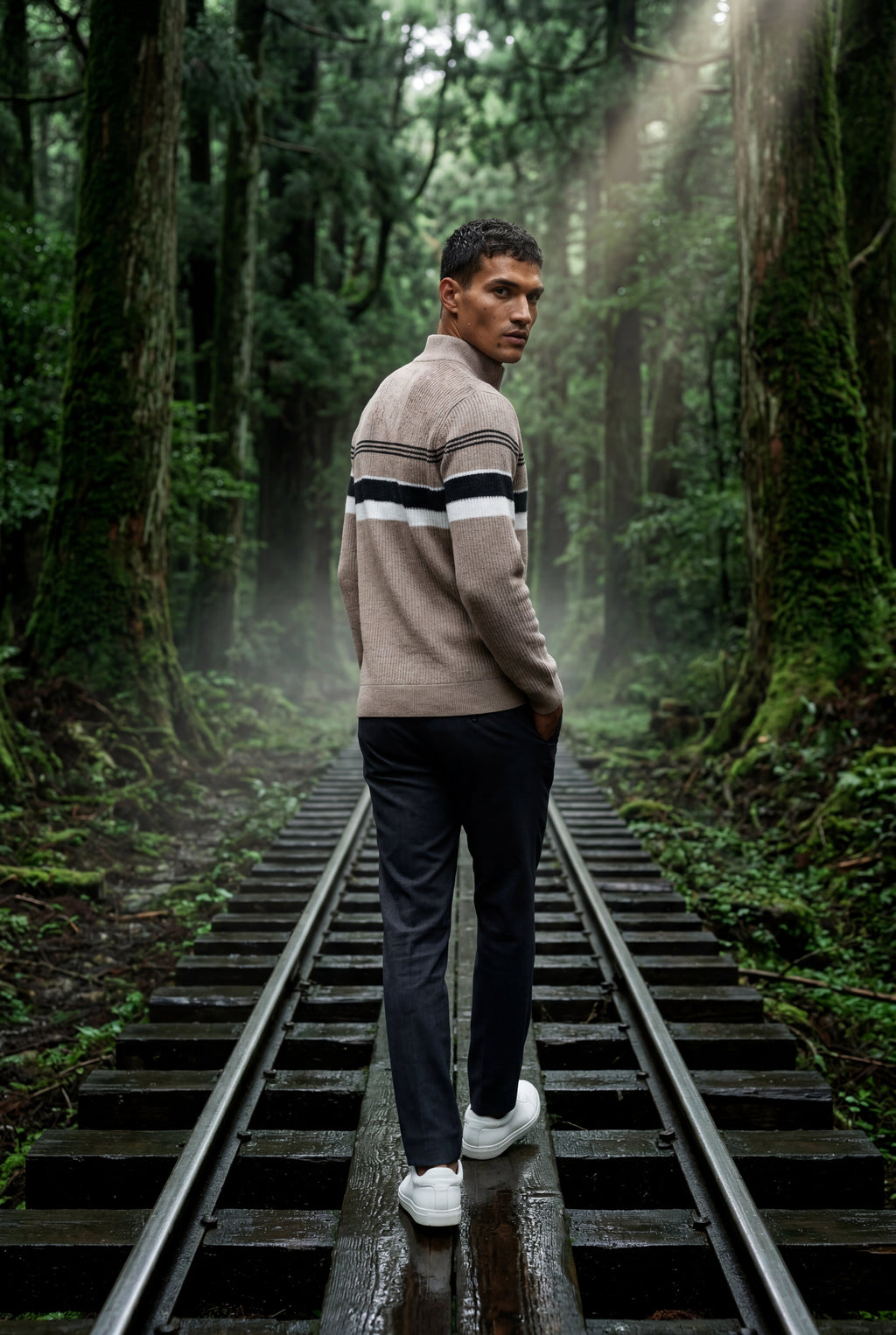 Knitted sweater for cold days – Sweater with half zipper and striped design for men