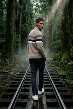 Knitted sweater for cold days – Sweater with half zipper and striped design for men
