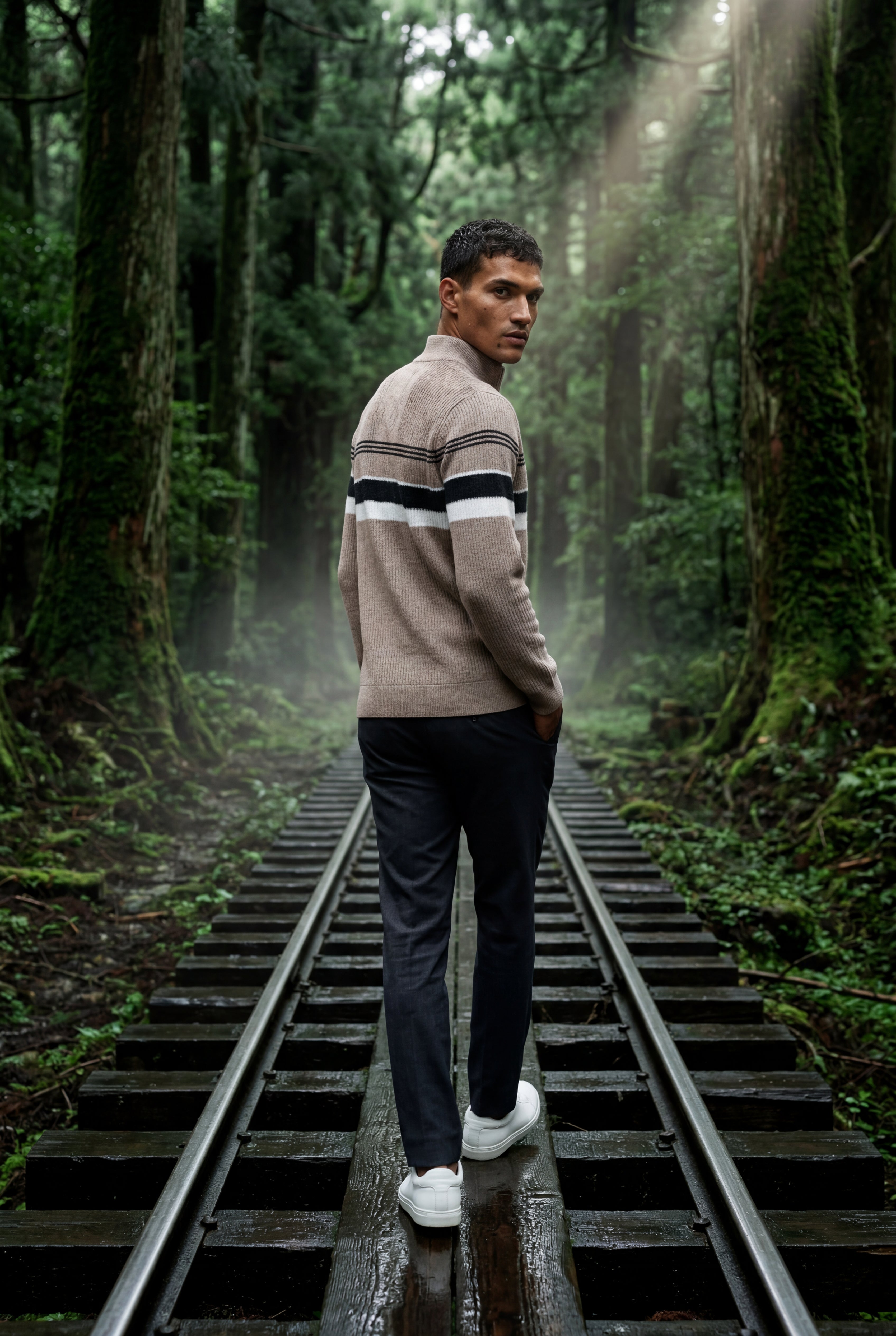 Knitted sweater for cold days – Sweater with half zipper and striped design for men
