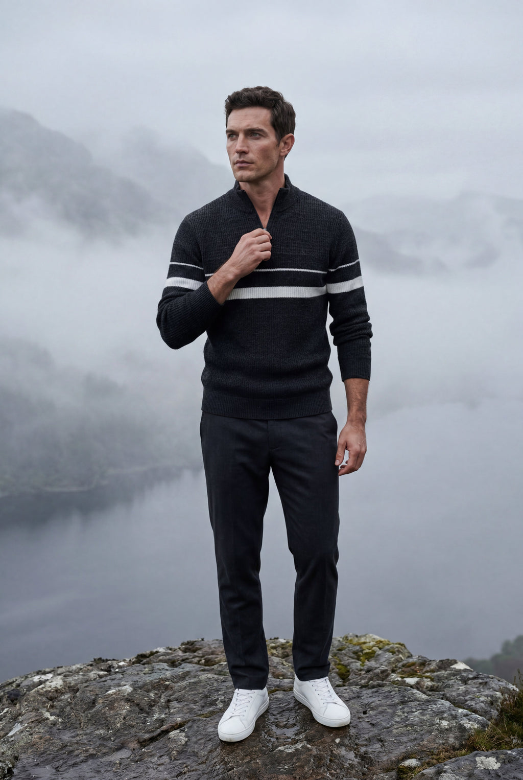 Knitted sweater for cold days – Sweater with half zipper and striped design for men