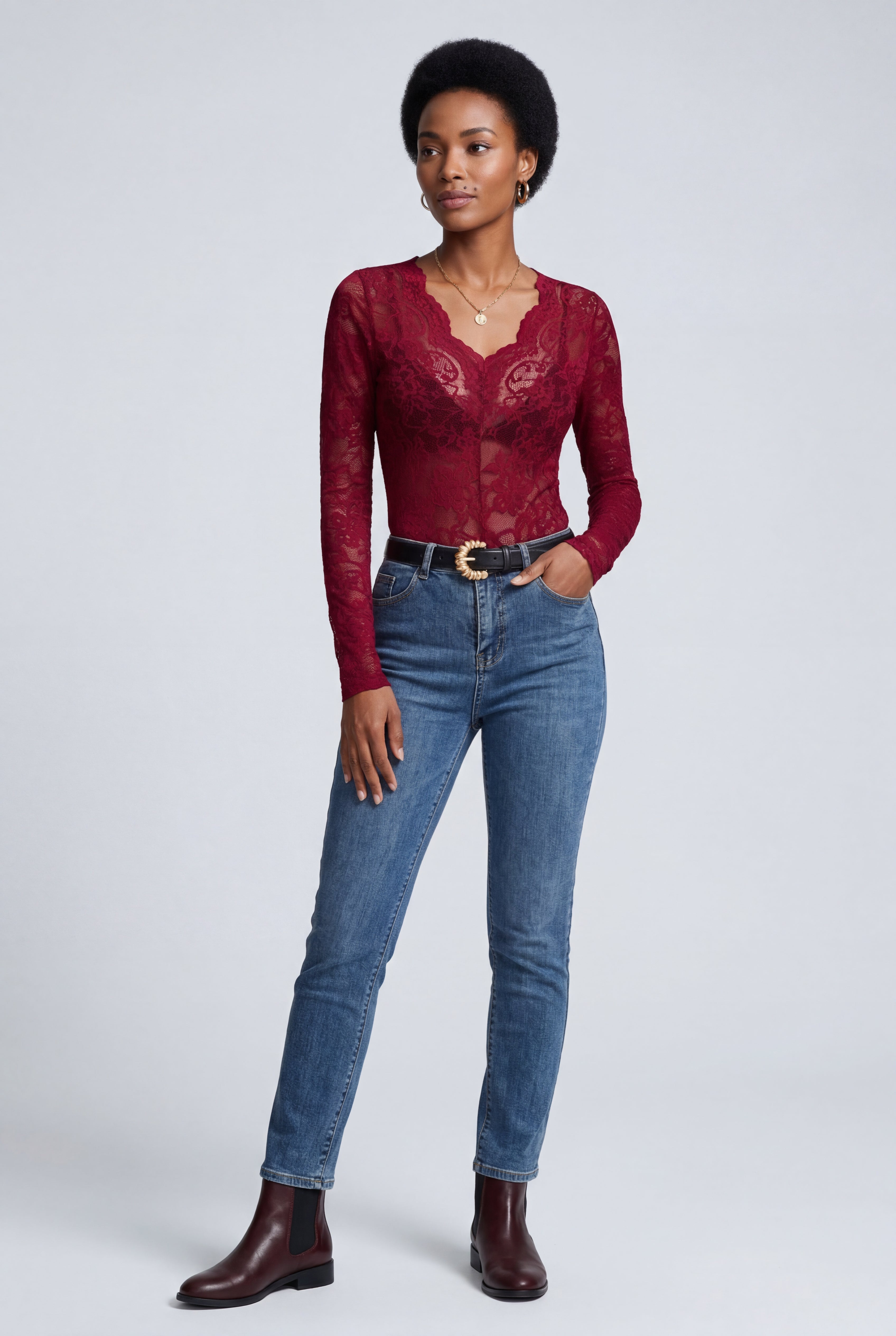 Elegant lace top for parties and evenings – Long-sleeved bodysuit for women