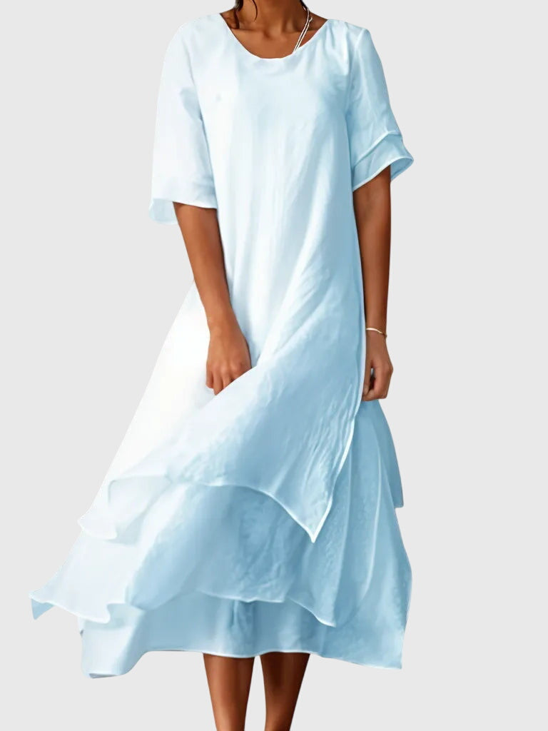 Loose layered dress for summer and vacation – Midi dress with short sleeves for women