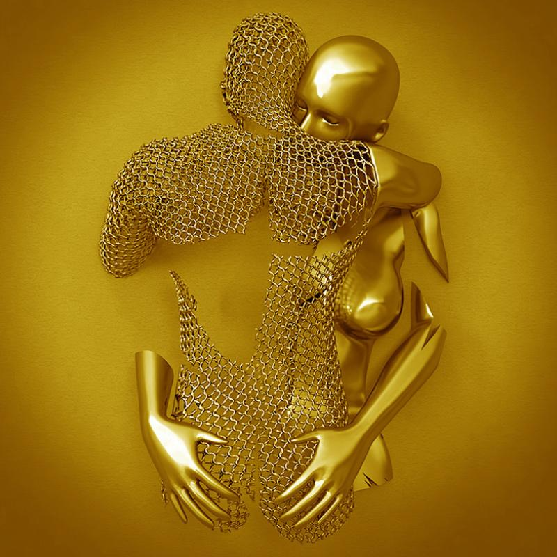 Wall decoration with metal figure and canvas for indoor use