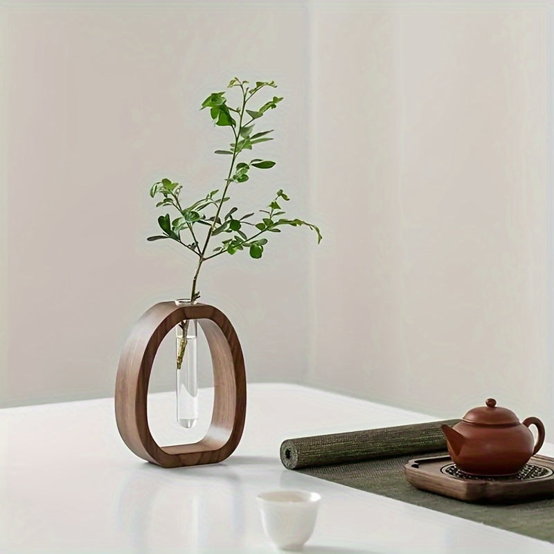 Plant vase with glass tube and wooden frame for indoor use