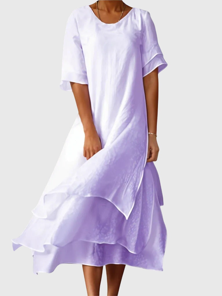 Loose layered dress for summer and vacation – Midi dress with short sleeves for women