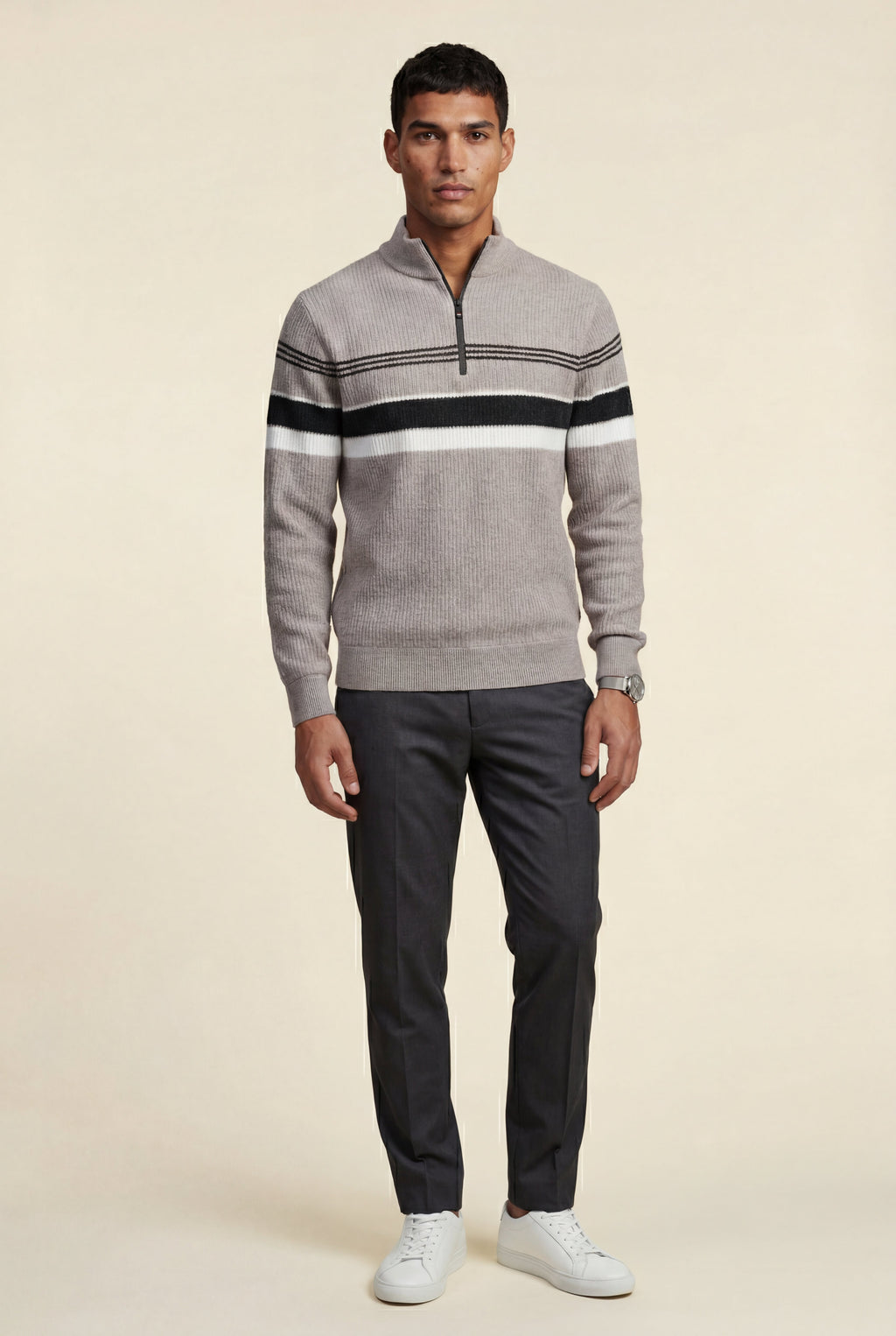 Knitted sweater for cold days – Sweater with half zipper and striped design for men