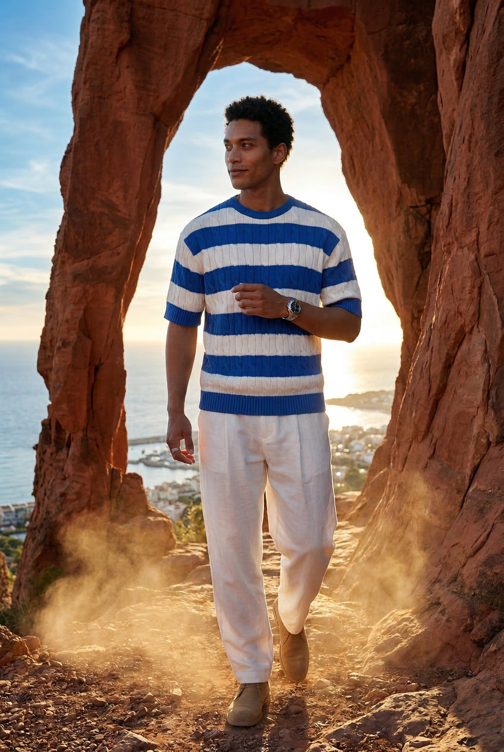 Striped sweater for everyday use – Short-sleeved cable knit sweater for men