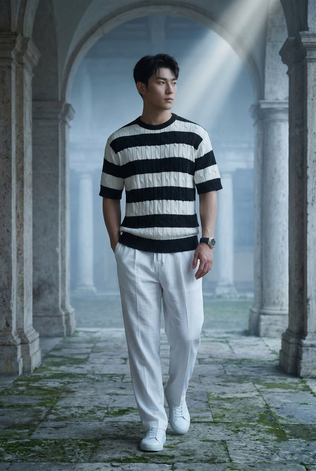 Striped sweater for everyday use – Short-sleeved cable knit sweater for men