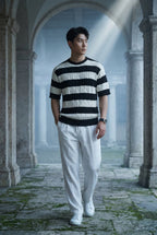 Striped sweater for everyday use – Short-sleeved cable knit sweater for men