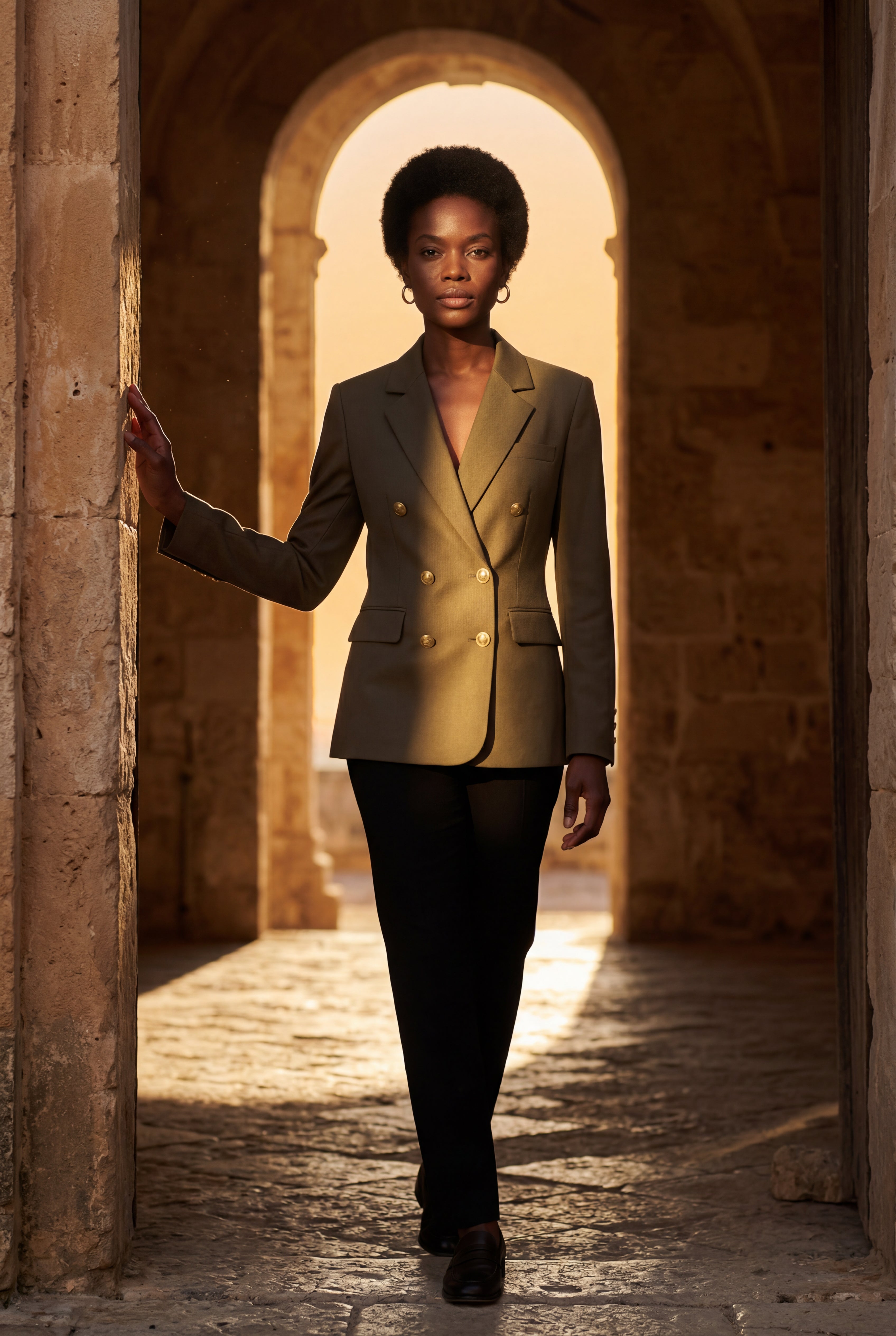 Elegant blazer for work and parties – Double-breasted blazer with gold-colored buttons for women