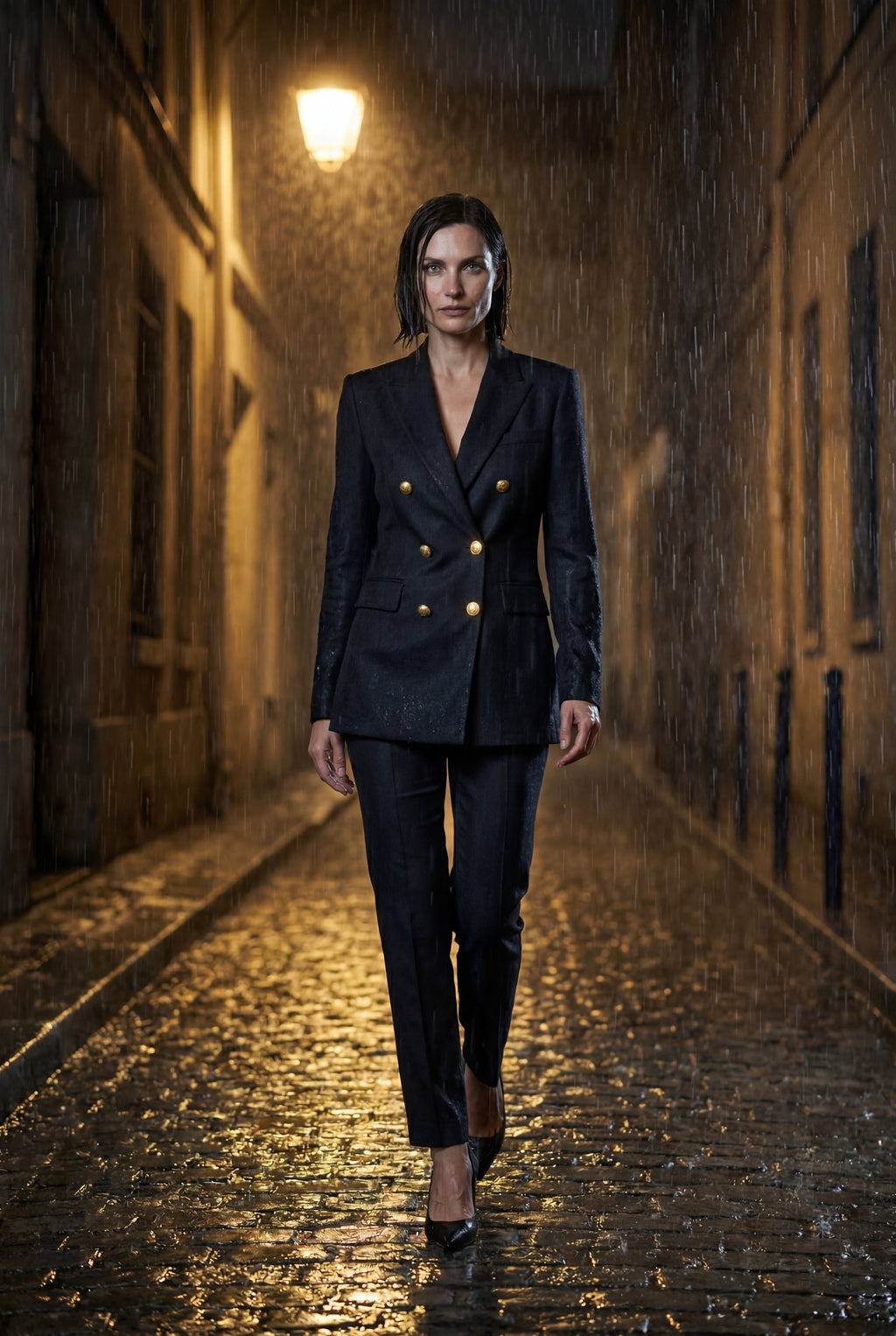 Elegant blazer for work and parties – Double-breasted blazer with gold-colored buttons for women