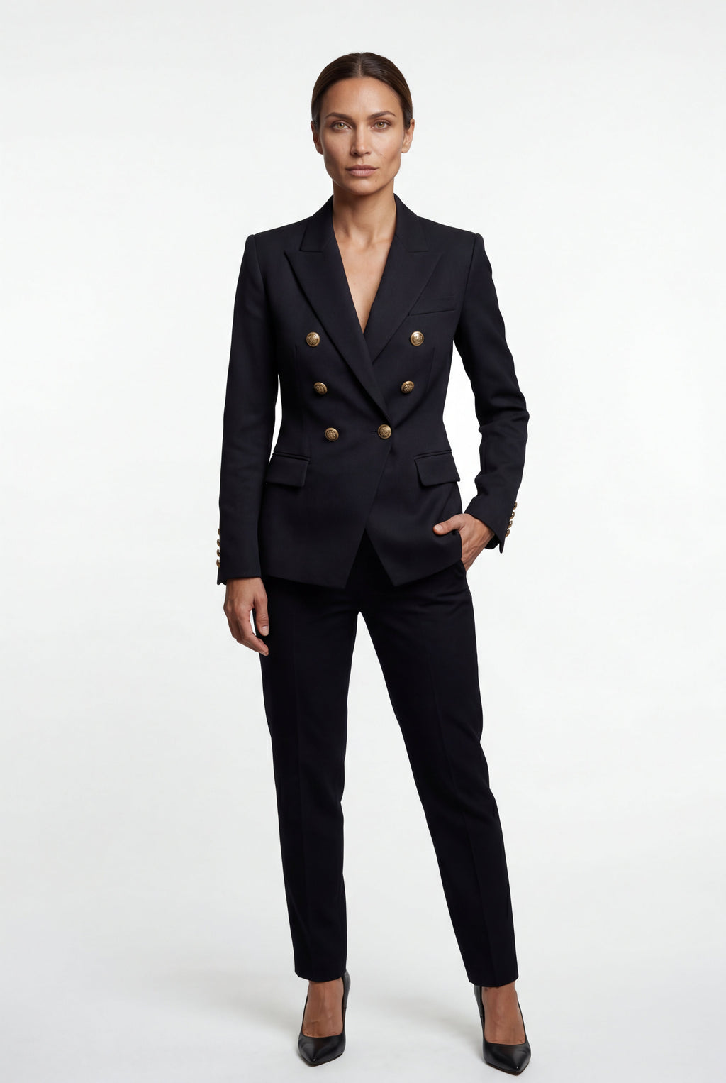 Elegant blazer for work and parties – Double-breasted blazer with gold-colored buttons for women
