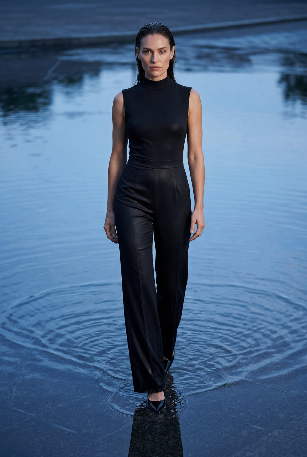 Modern jumpsuit for work and parties – Sleeveless jumpsuit with wide legs for women